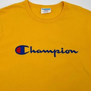 Champion Shirt Adult Large Yellow Blue Embroidered Spell Out Logo Cotton Mens